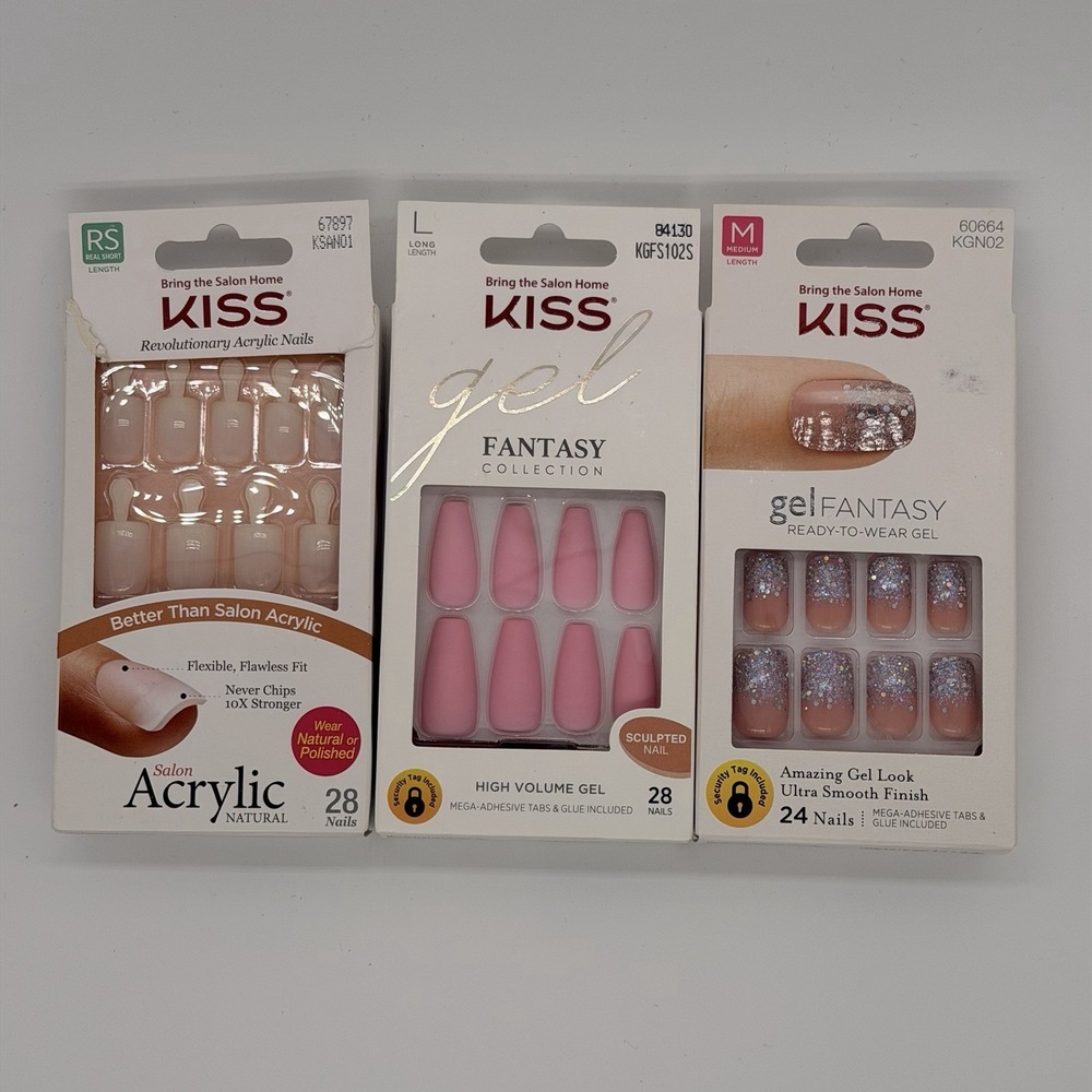 KISS Gel Fantasy Gel Nails Nude+Shiny Silver Acrylic Glitter Nails 3 Boxes - Picture 1 of 2